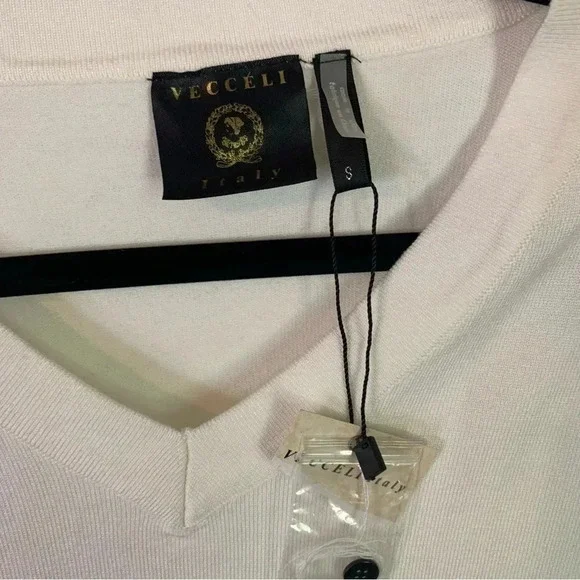 NWT Vecceli Italy White V Neck Layered Faux Checkered Shirt Hem Sweater, size S - Picture 3 of 8